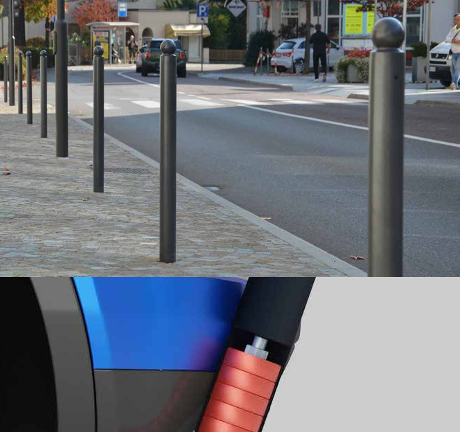 Rangée de bornes urbaines flexibles avec détail du mécanisme après impact