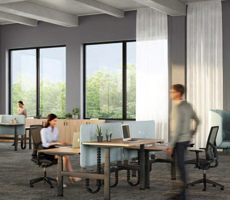Bureaux et sièges avec séparations acoustiques dans un espace de travail